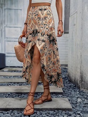 Stores36 Kadın Yüksek Bel Çiçek Desenli Önü Asimetrik Detaylı Uzun Süprem Etek