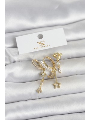 İlk El Grup Ieg™  Pirinç Gold Renk Zirkon Taşlı Gece Temalı 3'lü Kadın Küpe TG27BKP11705