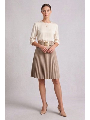 Rosa By Belle Kadın Bej Pileli Midi Etek Kemer Detaylı