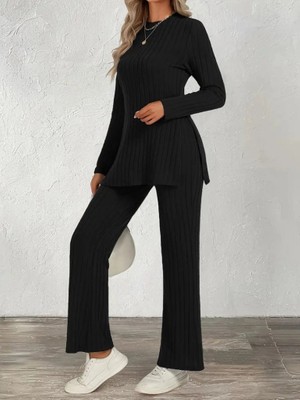 Stores36 Kadın Uzun Kollu Bisiklet Yaka Yandan Yırtmaçlı Şardonlu Kaşkorse Bluz ve Pantolon Ikili Takım