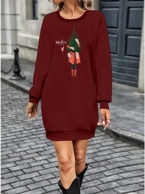 Stores36 Kadın Uzun Kollu Bisiklet Yaka Desenli Kısa Viskon Iki Iplik Elbise