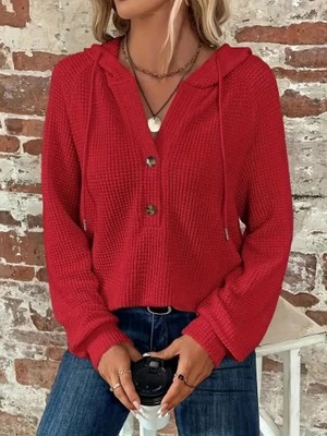 Stores36 Kadın Uzun Kollu Kapşonlu Önü Düğmeli ve Bağcıklı Waffle Bluz