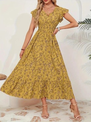 Stores36 Kadın Kısa Kollu Kruvaze Yaka Beli Lastikli Çiçek Desenli Elbise