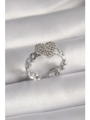 Nuveden Pirinç Gümüş Renk Zirkon Taşlı Kalp Model Kadın Yüzük