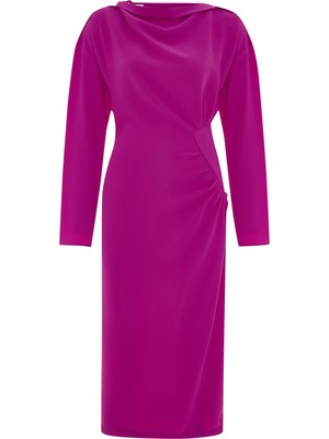 Kameya Sırt Volanlı Drapeli Midi Elbise