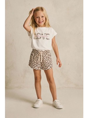 Monila Kız Çocuk Pamuklu Ekru Baskılı T-Shirt ve Leopar Desenli Şort Alt Üst Takım
