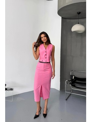 Stores36 Yelek-Önden Yırtmaçlı Etek Tk Şantuk Keten - Pembe