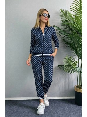 Stores36 Kadın Uzun Kollu Önden Fermuarlı Desenli Iki Iplik Bluz ve Pantolon Ikili Takım