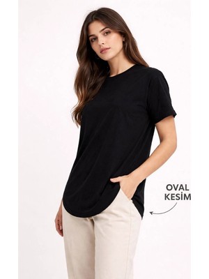 Alfanora Kadın Basic T-Shirt Kısa Kol Bisiklet Yaka Oval Kesim Tişört - Siyah