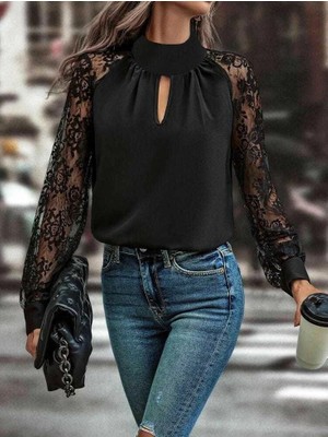 Stores36 Kadın Uzun Kollu Göğüs Pencere Detay Yaka Boğazlı Kolları Tüllü Sandy Bluz