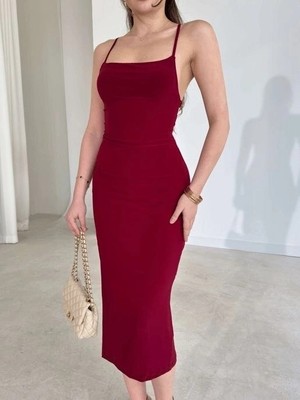 Alfanora Kadın Ip Askılı Sırt Dekolteli Bağlama Detaylı Yırtmaçlı Midi Elbise - Bordo