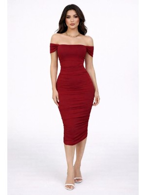 Alfanora Kadın Madonna Yaka Drapeli Midi Elbise Likralı Vücuda Oturan Davet Elbisesi - Bordo