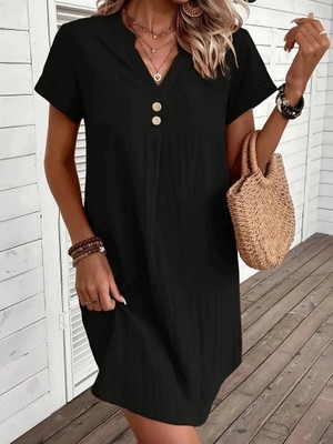 Stores36 Kadın Kısa Kollu V Yakalı Düğmeli Müslim Kısa Elbise