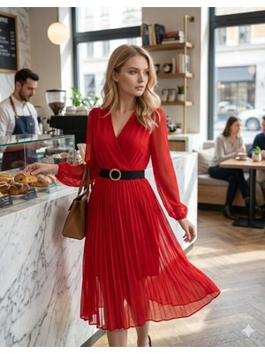 Stores36 Kadın Şifon Kumaş Astalı Kloş Kesim Kruvaze Yaka Midi Boy Elbise