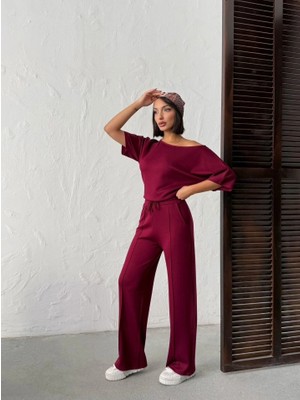 Stores36 Kadın Isa Kollu Kayık Yaka Bluz ve Pantolon Misal Kumaş Ikili Takım