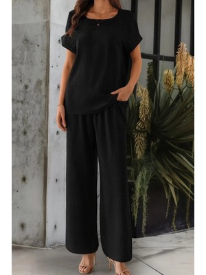 Stores36 Kadın Kısa Kollu Yakası Açık Aerobin Bluz ve Pantolon Ikili Takım