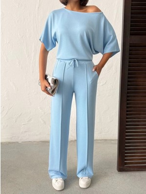 Stores36 Kadın Isa Kollu Kayık Yaka Bluz ve Pantolon Misal Kumaş Ikili Takım