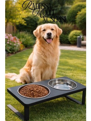 Reyo Ok-Ay Store Radessa Xl Yüksek Standlı Çift Hazneli Mama ve Su Kabı, Büyük ve Orta Boy Köpek ve Kedi Su Kabı Paslanmaz Çelik Siyah