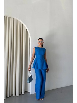 Stores36 Jakar Keten Kolsuz Bluz-Pantolon Tk - Mavi