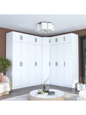 Rani BA214 Geniş Köşe Gardırop Elbise Dolabı 8 Kapaklı 2 Çekmeceli 23 Raflı 4 Askılı Modüler Dolap Beyaz