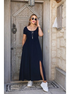 Stores36 Kadın Kısa Kollu Yuvarlak Yaka Önden Yırtmaçlı Cepli Viskon Uzun Elbise