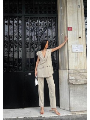 Stores36 Çizgili Uzun Yelek - Pantolon Takım Polviscon - Bej