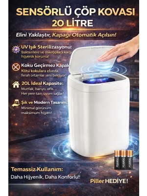 Nuveden Akıllı Sensörlü Uv Işıklı 20 Litre Çöp Kovası - Mutfak, Banyo, Işyeri ve Ofis Kullanım�
