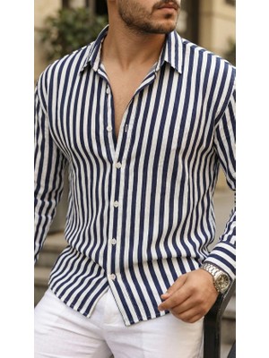 Stores36 Erkek Dikey Çizgili Yarım Oversize Gömlek