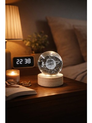 Toptan Hediyeci 3D Kristal Satürn Gece Lambası | Ahşap Tabanlı USB Işıklı Dekoratif Lamba