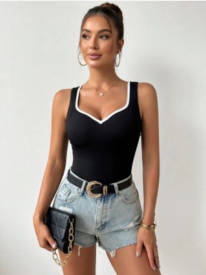 Stores36 Kadın Siyah Kalp Yaka Beyaz Biyeli Kaşkorse Bluz Atlet