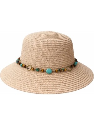 Soulistic Collection Kadın Pudra Renk Boncuklu Hasır Şapka