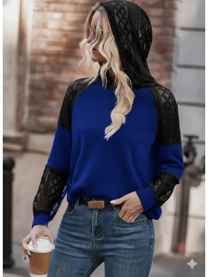 Stores36 Kadın Uzun Kollu Dantelli Kapşonlu Viskon Iki Iplik Bluz