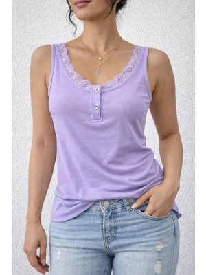 Stores36 Kadın Omuz Askılı Dantel Güpür Detay Bluz