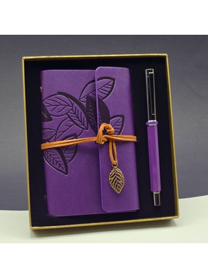Venüs Shopping Yaprak Desenli Mor Deri Defter ve Metal Roller Kalem Seti