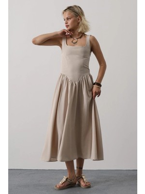 Stores36 Askılı Uzun Elbise - Taş