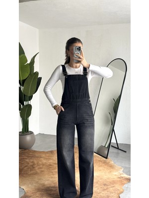 Asfa Moda Kadın Siyah Yıkamalı Jean Tulum Askılı Denim Salopet Pantolon Günlük Rahat Şık Tulum
