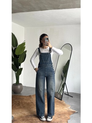 Asfa Moda Kadın Yeşil Yıkamalı Jean Tulum Askılı Denim Salopet Pantolon Günlük Rahat Şık Tulum