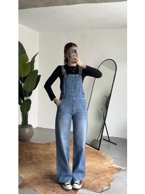 Asfa Moda Kadın Mavi Yıkamalı Jean Tulum Askılı Denim Salopet Pantolon Günlük Rahat Şık Tulum