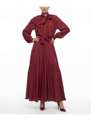 Societa Bordo Fular Detaylı Uzun Bol Kesim Elbise 94727 Rpt