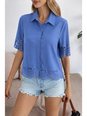 Stores36 Kadın Kısa Kollu Yakalı Önden Düğmeli Dubai Gömlek Bluz