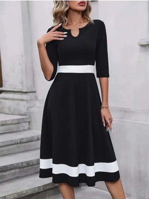 Stores36 Kadın Truvakar Kol V Yakalı Janjan Krep Midi Elbise