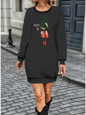 Stores36 Kadın Uzun Kollu Bisiklet Yaka Desenli Kısa Viskon Iki Iplik Elbise