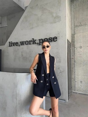 Stores36 Keten Yelek - Şort Takım - Siyah