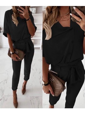 Stores36 Kadın Kısa Kollu Yakalı Önden Düğmeli Bürümcük Bluz ve Pantolon Ikili Takım