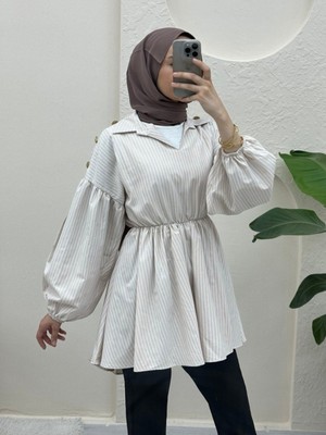 Modamorfo Beli ve Kolu Lastikli V Yaka Çizgili Tunik   -Bej