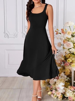 Stores36 Kadın Askılı Geometrik Yakalı Geniş Kesim Detaylı Ithal Krep Elbise