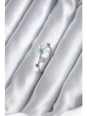 Nuveden Gümüş Renk Renkli Zirkon Taşlı Kadın Yüzük