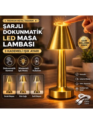 Toptan Hediyeci Şarjlı Dokunmatik LED Masa Lambası Gold | 3 Kademeli Işık Ayarlı Premium Metal Gece Lambası