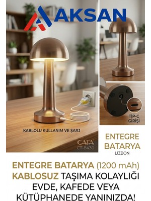 Cata CT-8430 Bronz/bakır Dokunmatik Şarjlı Masa Lambası 3 Renk Kablosuz Dekoratif Aydınlatma
