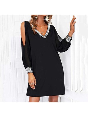Stores36 Kadın Uzun Kollu V Yaka Kollar Tül Yırtmaç Detay Kol Manşetleri ve Yaka Payet Krep Elbise